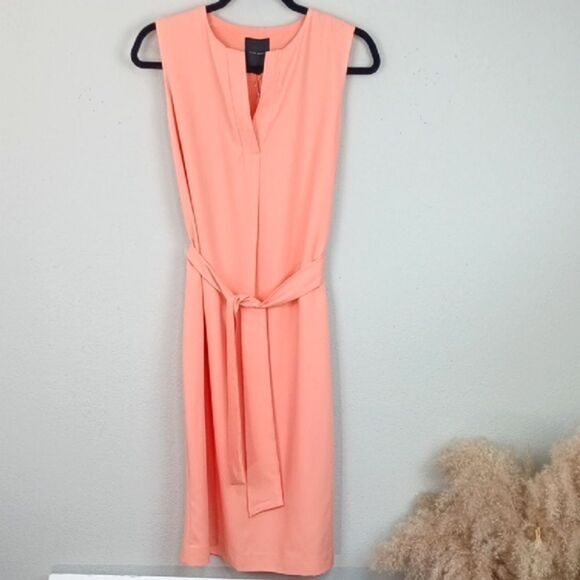 Alex Marie Women Apricot Sleeveless V Neck Belted Sheath Midi Dress sz 4 - Picture 10 of 15